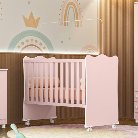 Berço Simples Doce Sonho 1 C/ Rodízios Qmovi Rosa Acetinado + Colchão Gazin