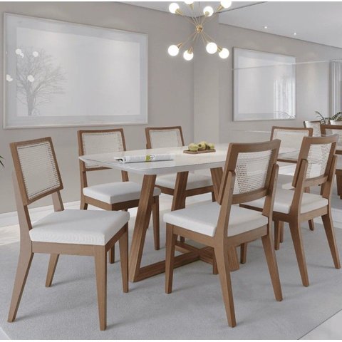Mesa de Jantar Retangular Bennett com Vidro 160cm Natural com Off White