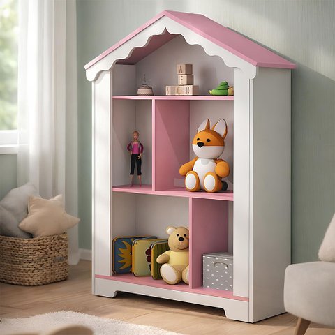 Estante Organizadora Infantil Casinha com Baú e Prateleiras para Quarto Infantil - Branco Rosa
