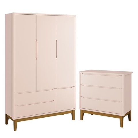 Jogo de Quarto Infantil Guarda Roupa 3 Portas e Cômoda 3 Gavetas Classic Rosa Fosco com Pés Amadeira