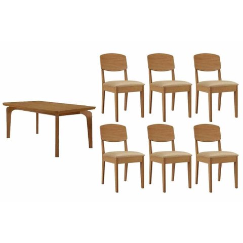 Sala de Jantar Completa Londrina C/ Tampo Madeirado Canto Curvo 180x90cm e 6 Cadeiras Havana