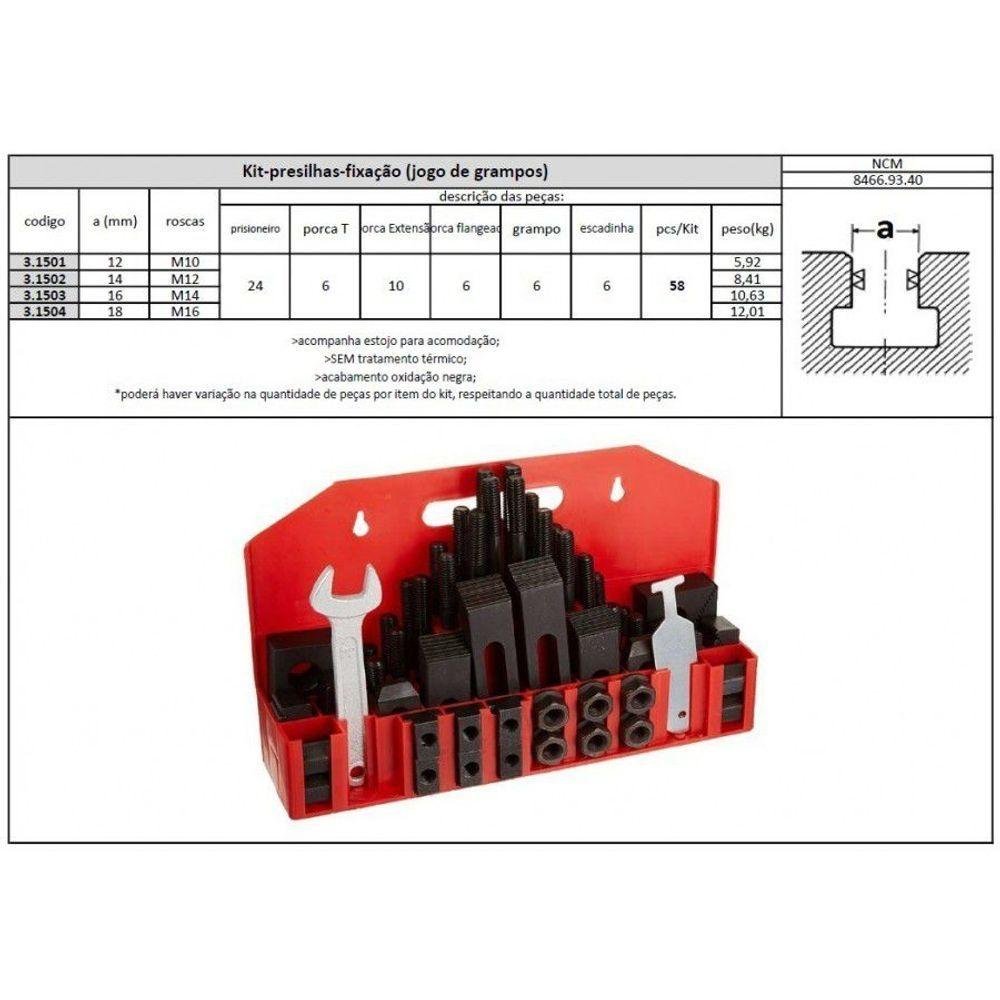 Jogo de Presilha para Fixação M10 - Canal 12mm com 58 Peças - 3