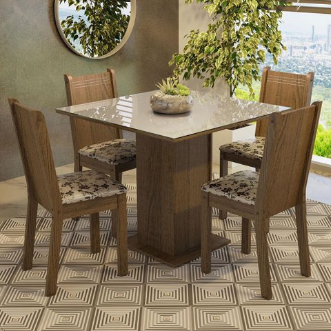 Conjunto Sala de Jantar Mesa Tampo de Vidro 4 Cadeiras Rustic/crema/bege Marrom Perla Madesa