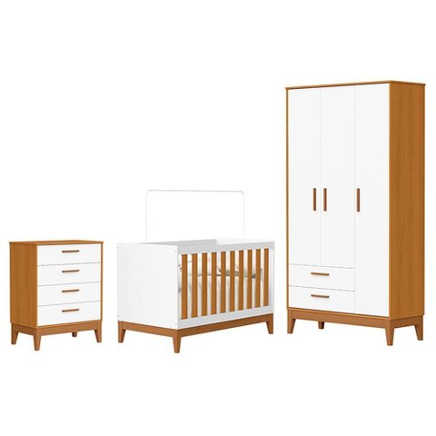 Dormitório Infantil Flip Guarda Roupa 3 Portas, Cômoda 4 Gavetas e Berço Branco Fosco/savana -