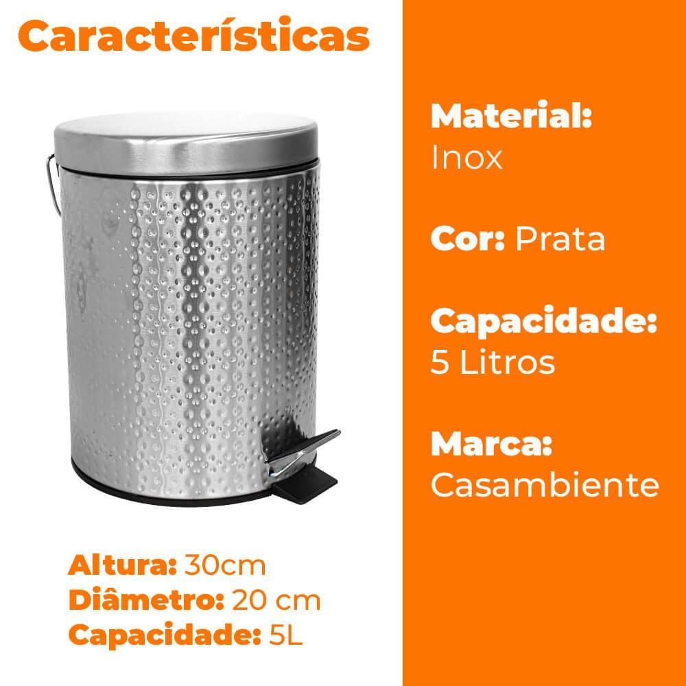 Lixeira para Banheiro e Cozinha de Inox Escovada Martelada 5 Litros - Casambiente - 5