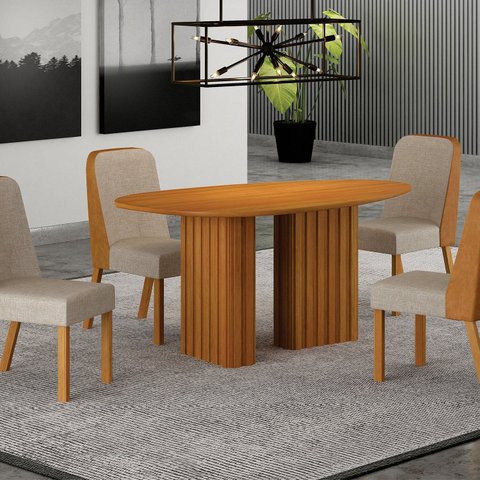 Conjunto Sala de Jantar Tampo Orgânico MDF 135cm com 4 Cadeiras Isis Marrom/Cinamomo/Terracota/Palha