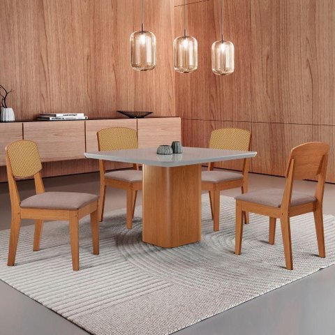Mesa de Jantar Eloise 90cm Tampo Mdf 4 Cadeiras Moderna Linho Capuccino/nat/off/serig. Off