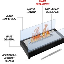 Lareira Ecológica Completa Armação de Metal com Vidro 45cm Saro Preto - 3