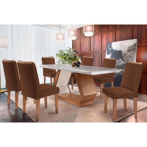 Sala de Jantar Completa Alvorada Tampo Madeirado C/ Vidro Canto Reto 180x90cm e 6 Cadeiras Jade