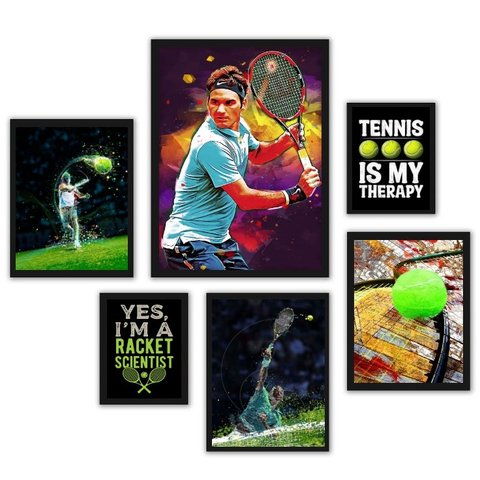 Composição 6 Quadros Decorativos Esporte Tênis - com Vidro:madeira Preta