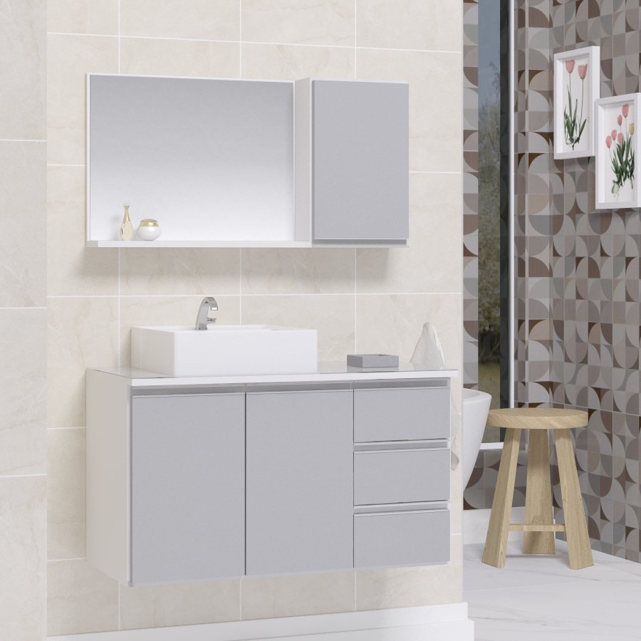 Conjunto Gabinete Banheiro Completo Prisma 80cm Branco / Cinza COM TAMPO DE VIDRO
