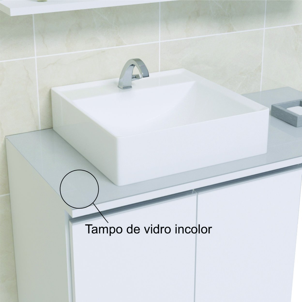 Conjunto Gabinete Banheiro Completo Prisma 80cm Branco / Cinza COM TAMPO DE VIDRO - 2