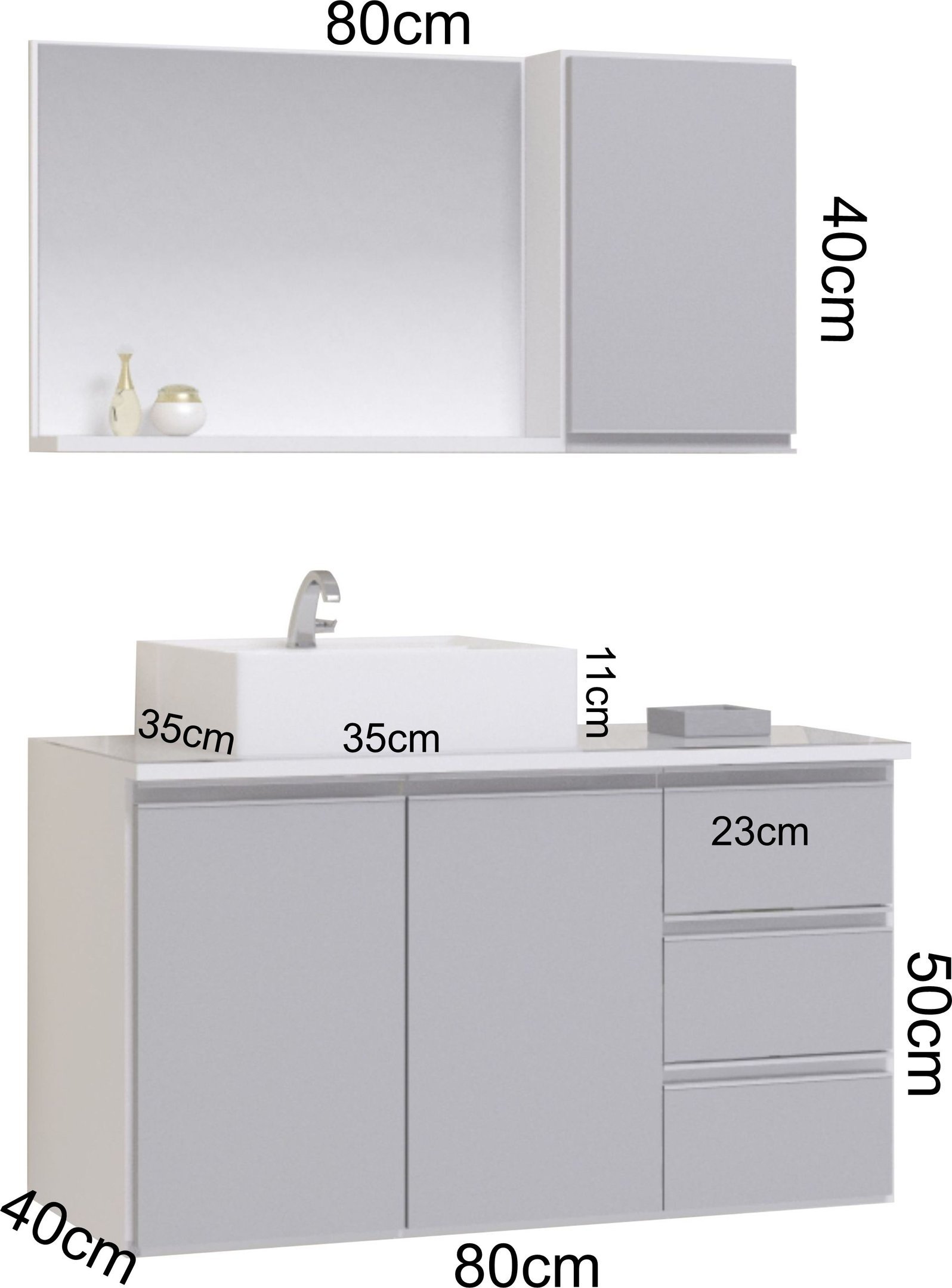 Conjunto Gabinete Banheiro Completo Prisma 80cm Branco / Cinza COM TAMPO DE VIDRO - 3