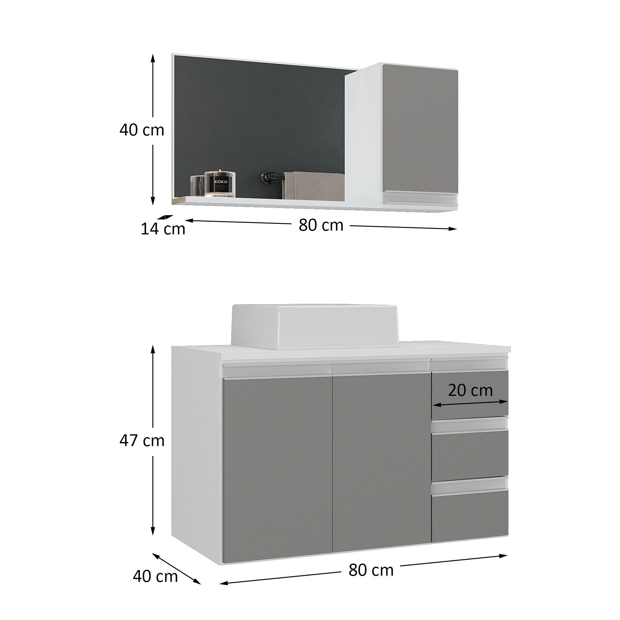 Conjunto Gabinete Banheiro Completo Prisma 80cm Branco / Cinza com Tampo de Vidro - 6