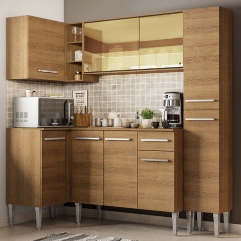 Cozinha Completa de Canto Madesa Emilly River com Balcão e Armário Vidro Reflex Rustic Cor:Rustic