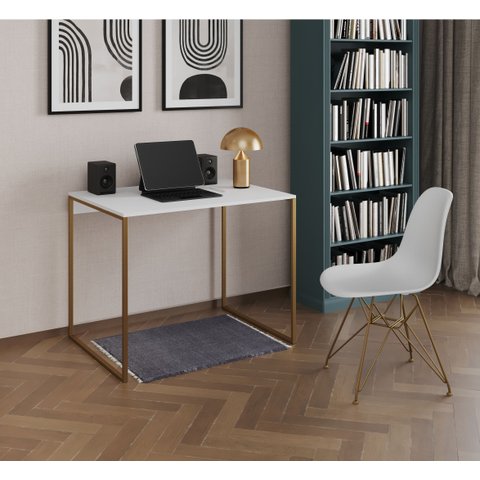 Escrivaninha Industrial Grécia 90x53 Ferro Dourado Tampo Branco