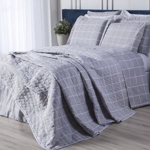 Jogo de Lençol Cama Solteiro 3 Peças Algodão 160 Fios Grid Cinza