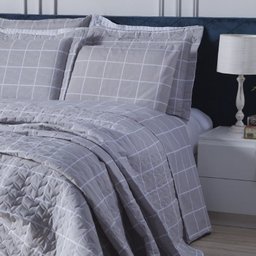 Jogo de Lençol Cama Solteiro 3 Peças Algodão 160 Fios Grid Cinza - 3