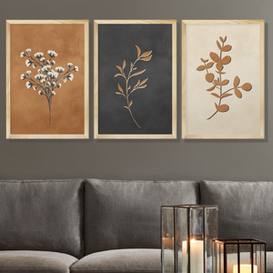 Kit 3 Quadros Decorativos Ramos Plantas Delicado Outono Decoração Sala Quarto com Moldura