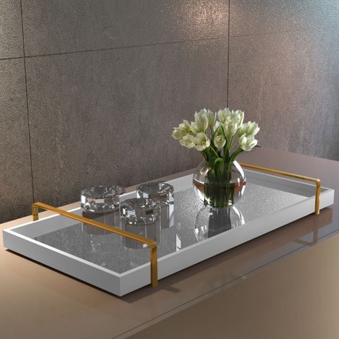 Bandeja Decorativa Espelhada Alça Dourada Larflex Branca
