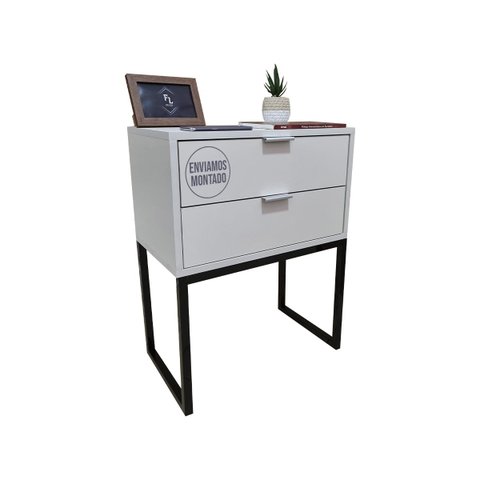 Mesa de Cabeceira Off White 50cm Eco Industrial 2 Gavetas Quarto Base Metal Preta Puxador Prata