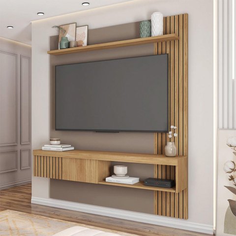 Painel Selina Ripado 150cm para Tv até 55 com Porta de Correr e Prateleira Mdp Buriti/fendi G11 - Gr