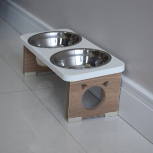 Comedouro Elevado Duplo Pet Gato Mdf Colors - Inox - Branco