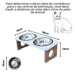 Comedouro Elevado Duplo Pet Gato Mdf Colors - Inox - Branco - 2