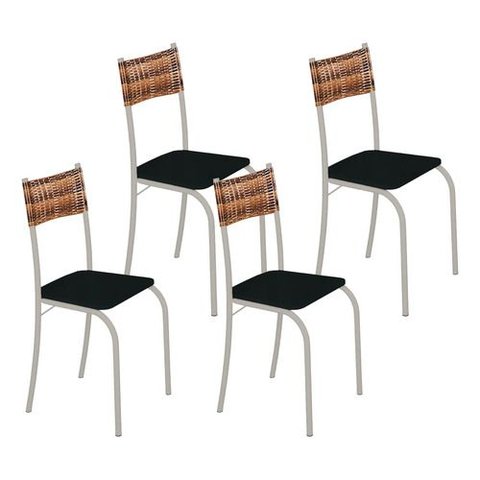 Kit 4 Cadeiras Atlanta Corino Preto e Rattan Carvalho Tubo Champanhe