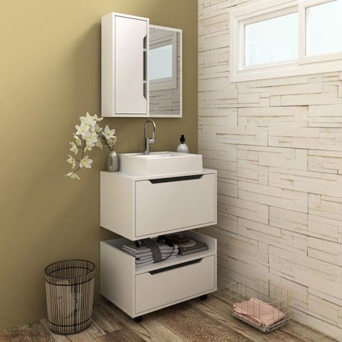 Conjunto Banheiro com 2 Balcões e Espelheira Branco - Tecno