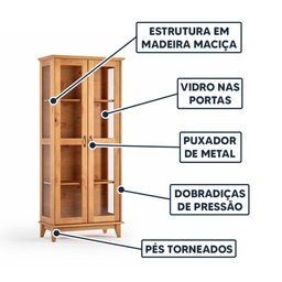 Cristaleira de Vidro 2 Portas Madeira Maciça Bella Jm Móveis - Carvalho - 3