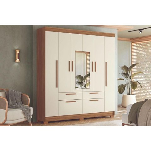 Guarda Roupa Casal 6 Portas (2 C/ Espelho) e 4 Gavetas C/ Pés Guarapuava 6.4 Jatoba/areia - Santos