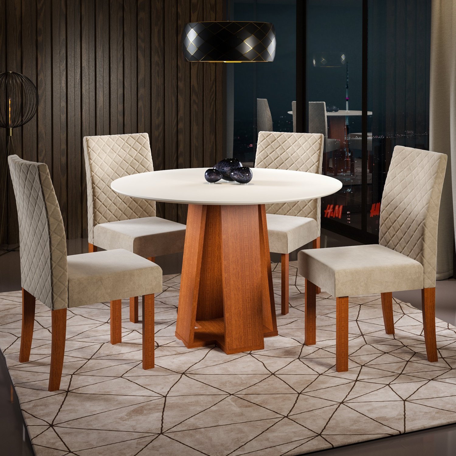 Conjunto Mesa de Jantar Redonda Vértice 105cm Nozes com 4 Cadeiras