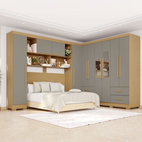 Guarda-roupa Casal Modulado Andorra 10 Portas 4 Gavetas com Pés e Espelho Jequitibá/granizo - Pnr Mó