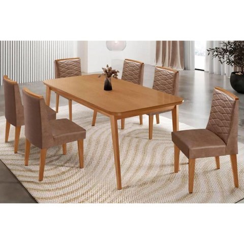 Conjunto: Mesa de Cozinha Havana Tampo Curvo 180cm+6 Cadeiras Maldivas Madeira Naturale - Capuccino/