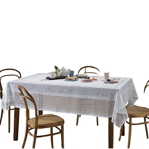 Toalha de Mesa Retangular Branca 06 Lugares Renda Flores