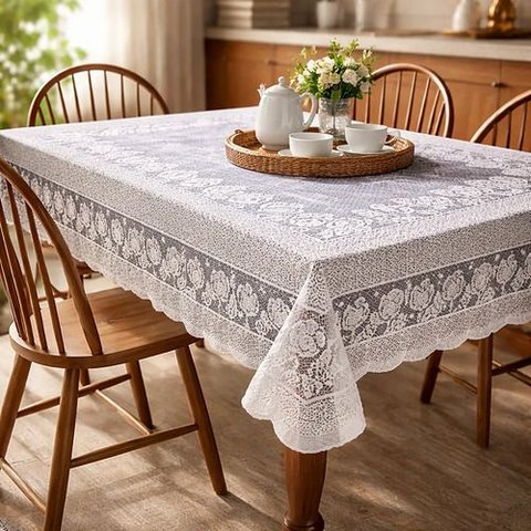Toalha de Mesa Retangular Branca 06 Lugares Renda Flores