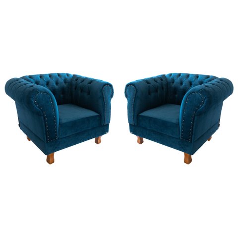 Kit 2 poltronas Chesterfield Capitonê Duque Veludo Azul Marinho Decoração, Recepção, Salas de Tv e E
