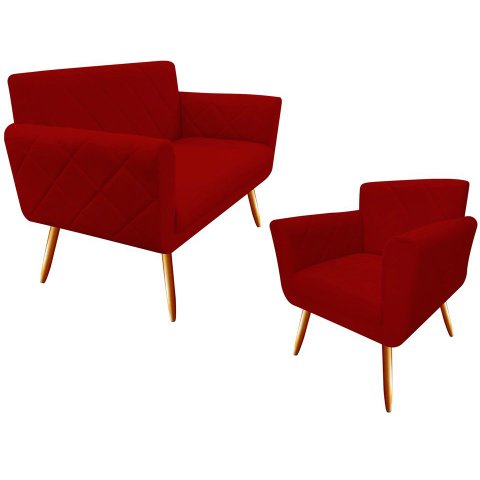 Kit Namoradeira + 1 Poltrona Decorativa Sabrina Suede Vermelho Pés Madeira Ms Decor