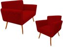 Ver imagem 1 de Kit Namoradeira + 1 Poltrona Decorativa Sabrina Suede Vermelho Pés Madeira Ms Decor
