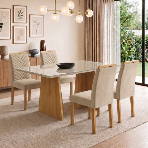 Conjunto Sala de Jantar 4 Lugares Retangular Tampo Vidro MDF 120x80cm Mesa Lyra e Cadeiras Carol