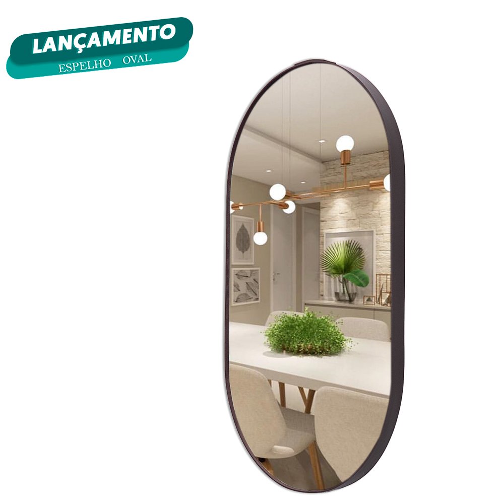 Espelho Oval Decorativo Couro Moderno 76 X 43 + Pendurador Landi Café - 3