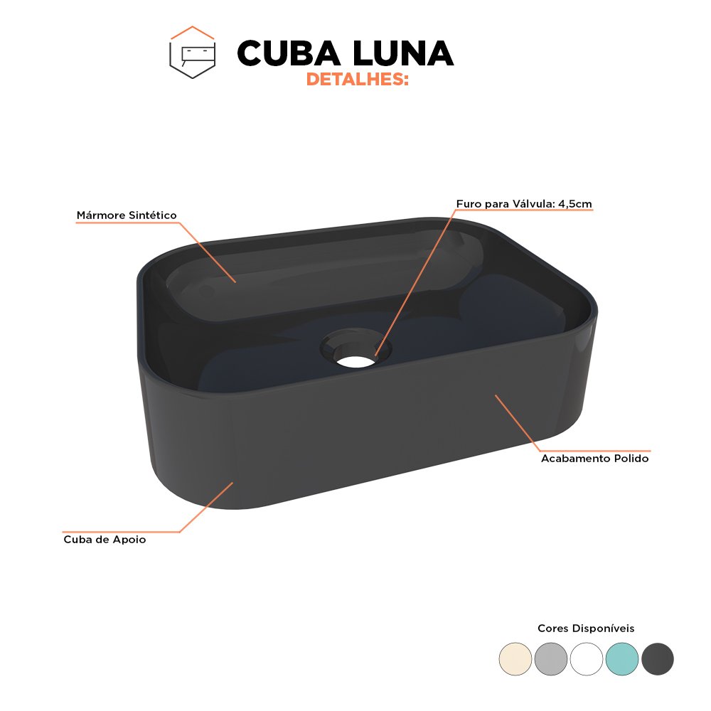 Cuba de Apoio para Banheiro em Mármore Sintético Luna Preto - Cozimax - 2