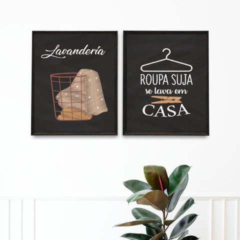 Kit 2 Quadros Lavandería Chalkboard 24x18cm:moldura Preta