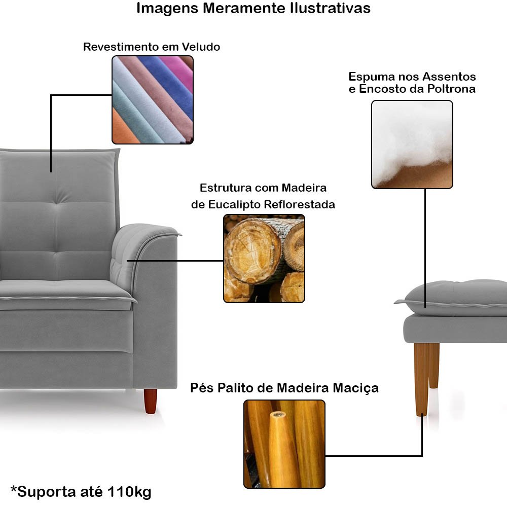 Poltrona de Amamentação Quarto Infantil com Puff Kate Pés Palito Veludo Prata + Binde Amofada New Be - 3