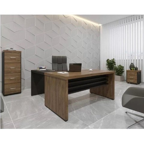 Conjunto Escritório 3 Peças 1 Mesa em L Tamburato 1 Gaveteiro Baixo 1 Gaveteiro Arquivo Alto Charuto e Preto Marrom Artany