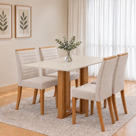 Conjunto Sala de Jantar Mesa Manu 120cm Tampo MDF e Vidro Canto Reto 4 Cadeiras Tainá