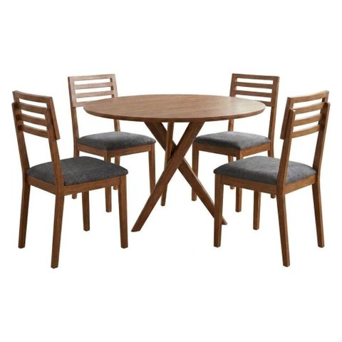 Mesa de Jantar Redonda Cacau com 4 Cadeiras Estofadas Juparana Linho Grafite Ornar