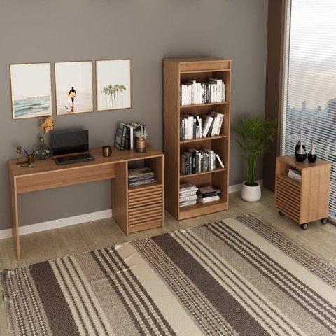 Conjunto 3 peças 1 Mesa para Escritório 1 Gaveteiro 1 Estante Espresso Móveis