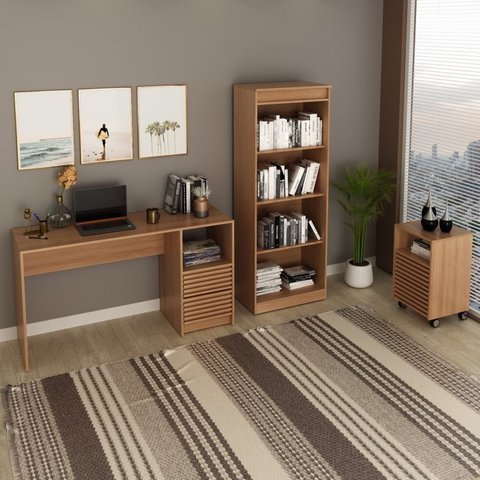 Conjunto 3 peças 1 Mesa para Escritório 1 Gaveteiro 1 Estante Espresso Móveis